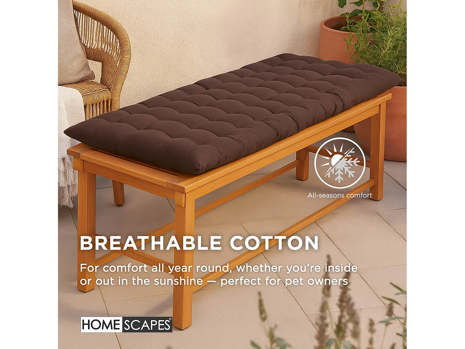 Homescapes Luxury 100% Cotton 3 Seater Bench Cushion,143 x 48 cm, Chocolate Brown, For Garden & Dining, Machine Washable, Padded, OEKO-TEX Certified