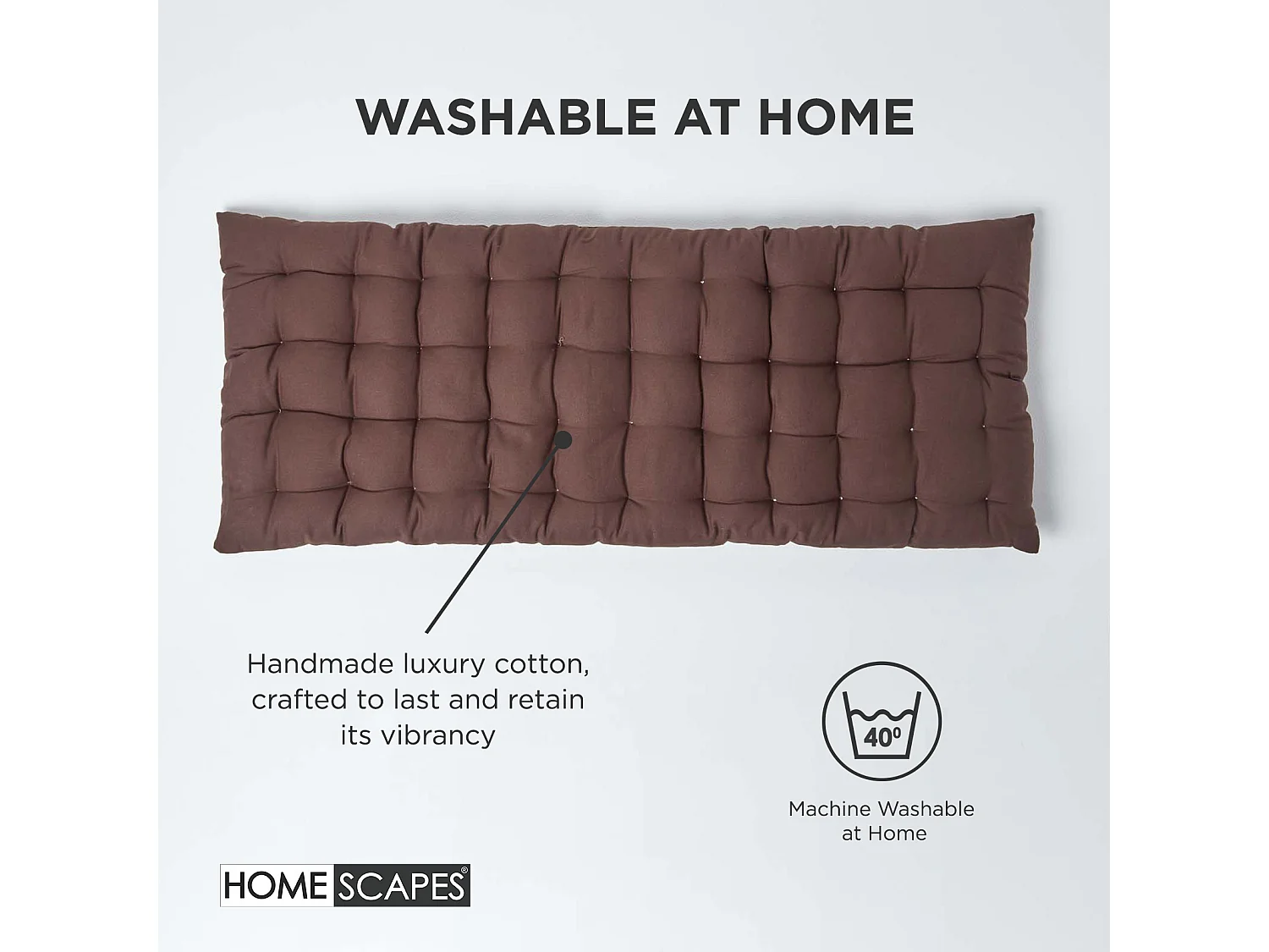 Homescapes Luxury 100% Cotton 3 Seater Bench Cushion,143 x 48 cm, Chocolate Brown, For Garden & Dining, Machine Washable, Padded, OEKO-TEX Certified