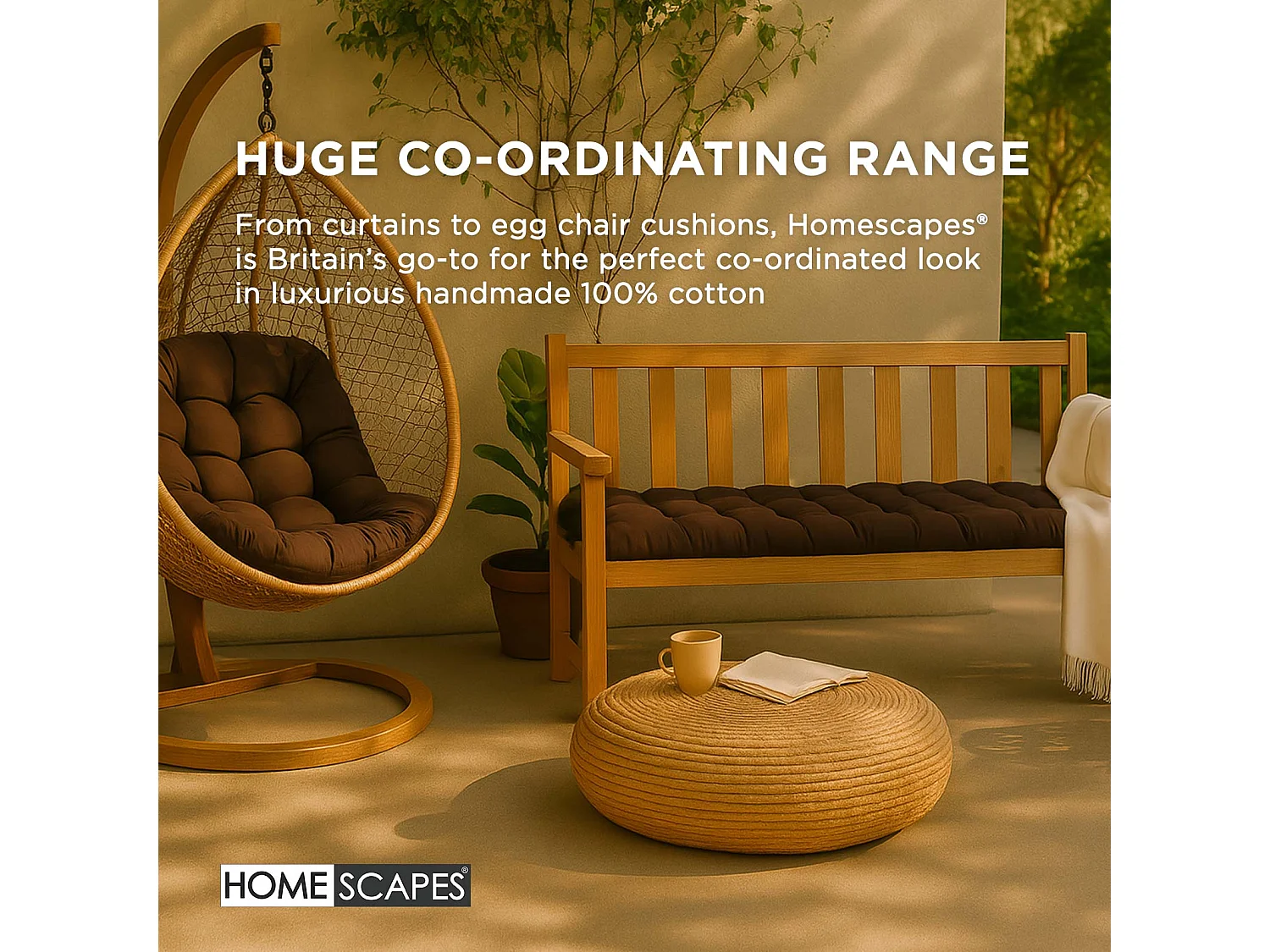 Homescapes Luxury 100% Cotton 3 Seater Bench Cushion,143 x 48 cm, Chocolate Brown, For Garden & Dining, Machine Washable, Padded, OEKO-TEX Certified