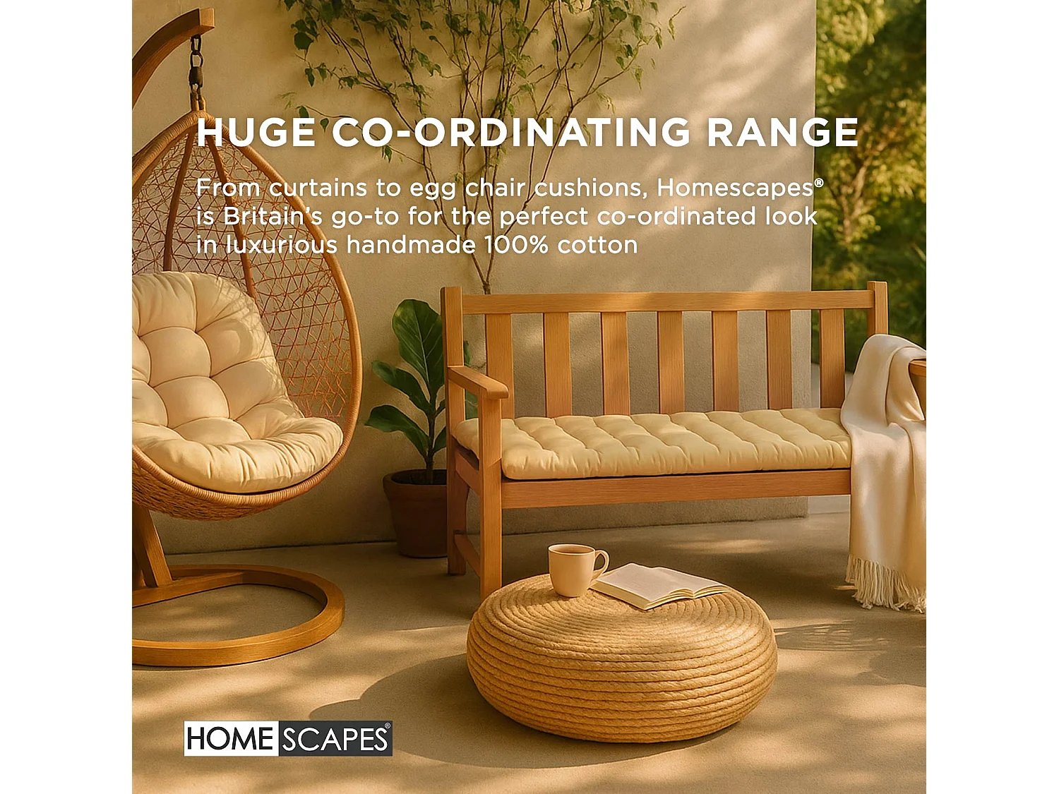Homescapes Luxury 100% Cotton 2 Seater Bench Cushion, 108 x 42 cm, Cream, For Garden & Dining, Machine Washable, Padded, OEKO-TEX Certified