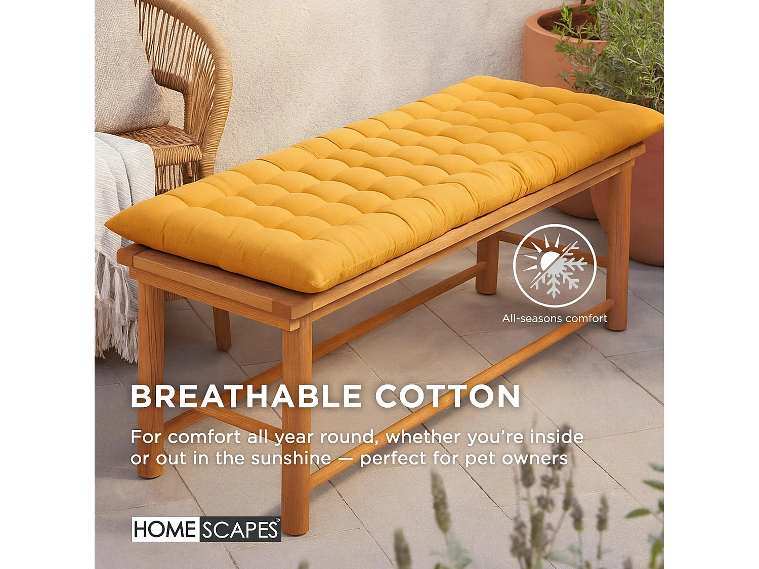Homescapes Luxury 100% Cotton 3 Seater Bench Cushion,143 x 48 cm, Mustard Yellow, For Garden & Dining, Machine Washable, Padded, OEKO-TEX Certified