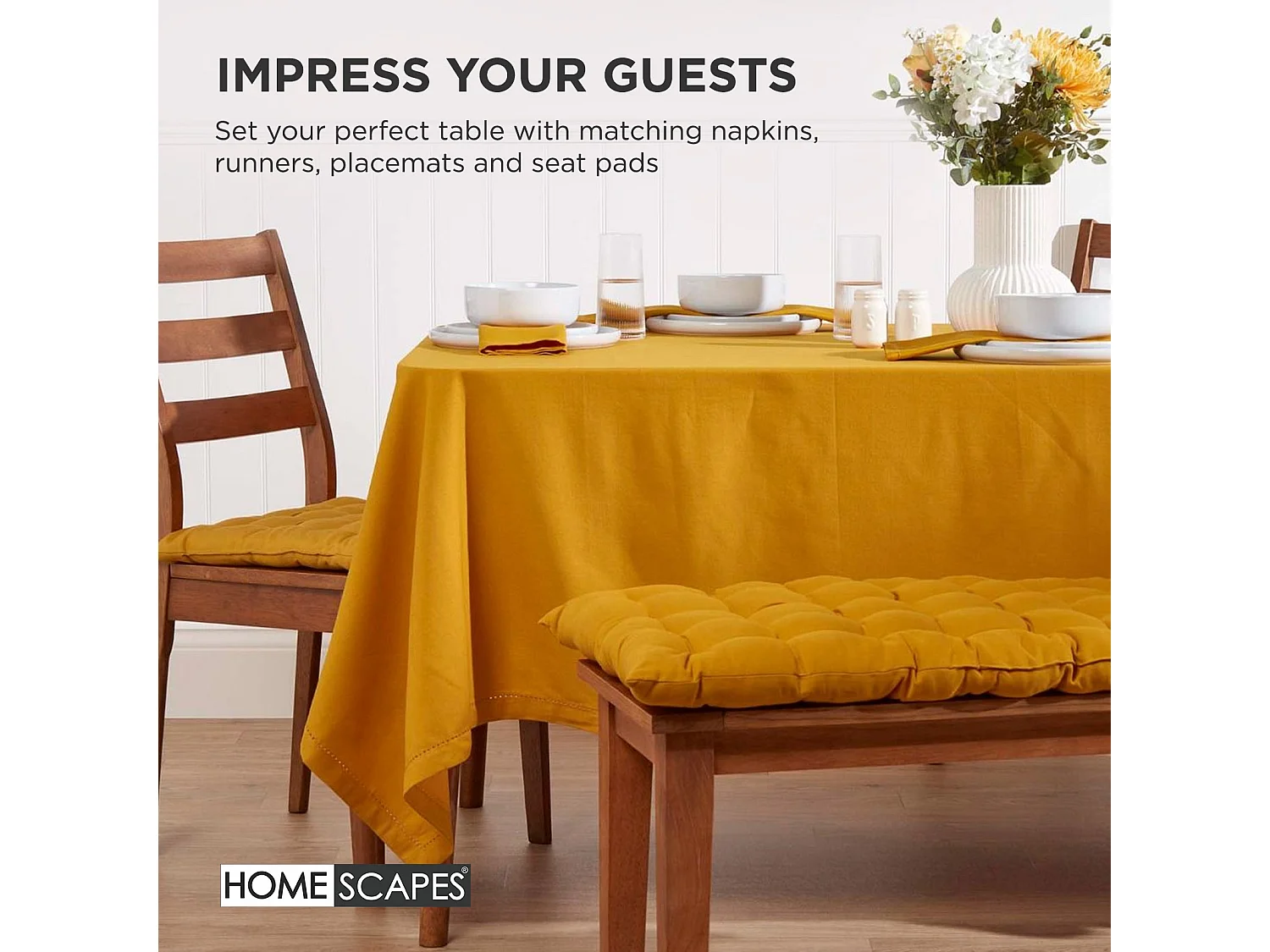 Homescapes Luxury 100% Cotton 3 Seater Bench Cushion,143 x 48 cm, Mustard Yellow, For Garden & Dining, Machine Washable, Padded, OEKO-TEX Certified