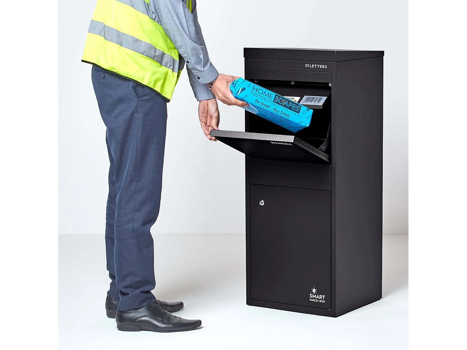 Smart Parcel Box Large Secure Outdoor Delivery Box Galvanised Steel Front and Rear Access Black
