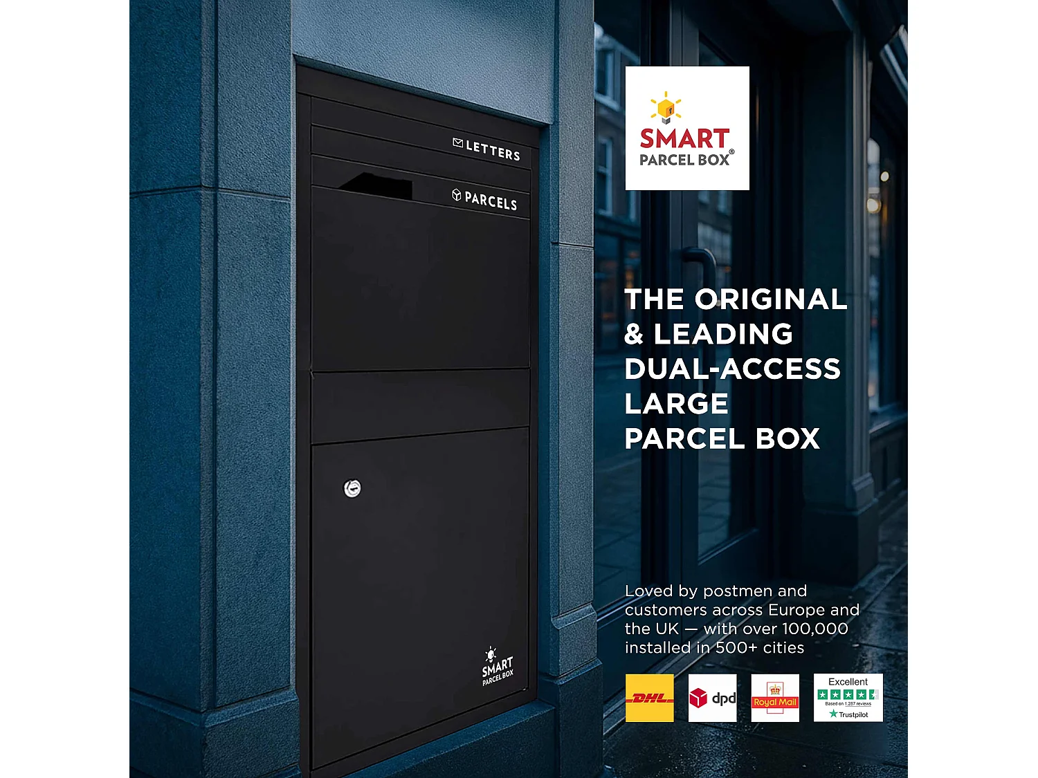 Smart Parcel Box Large Secure Outdoor Delivery Box Galvanised Steel Front and Rear Access Black