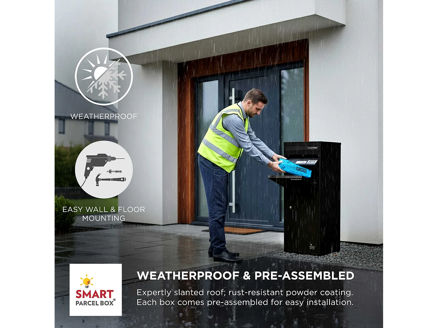 Smart Parcel Box Large Secure Outdoor Delivery Box Galvanised Steel Front and Rear Access Black