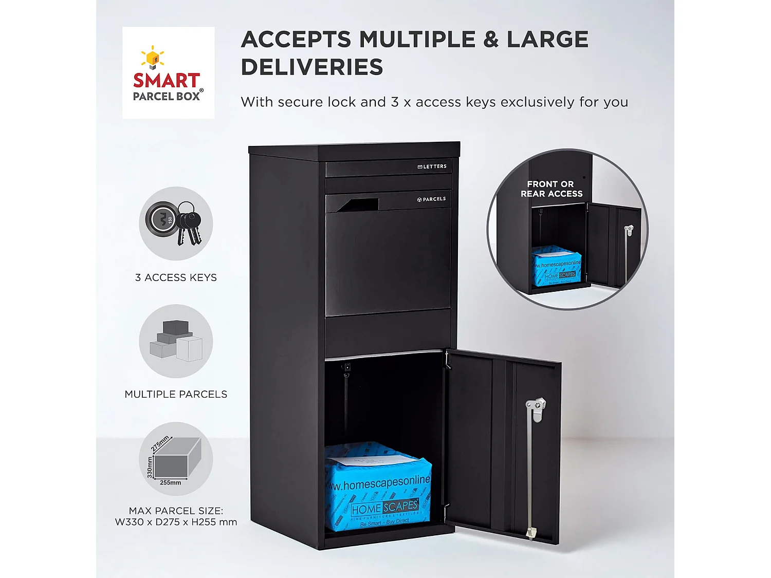 Smart Parcel Box Large Secure Outdoor Delivery Box Galvanised Steel Front and Rear Access Black