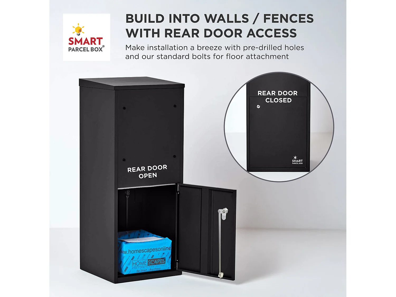 Smart Parcel Box Large Secure Outdoor Delivery Box Galvanised Steel Front and Rear Access Black