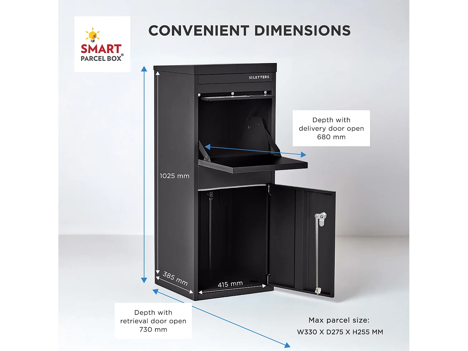 Smart Parcel Box Large Secure Outdoor Delivery Box Galvanised Steel Front and Rear Access Black