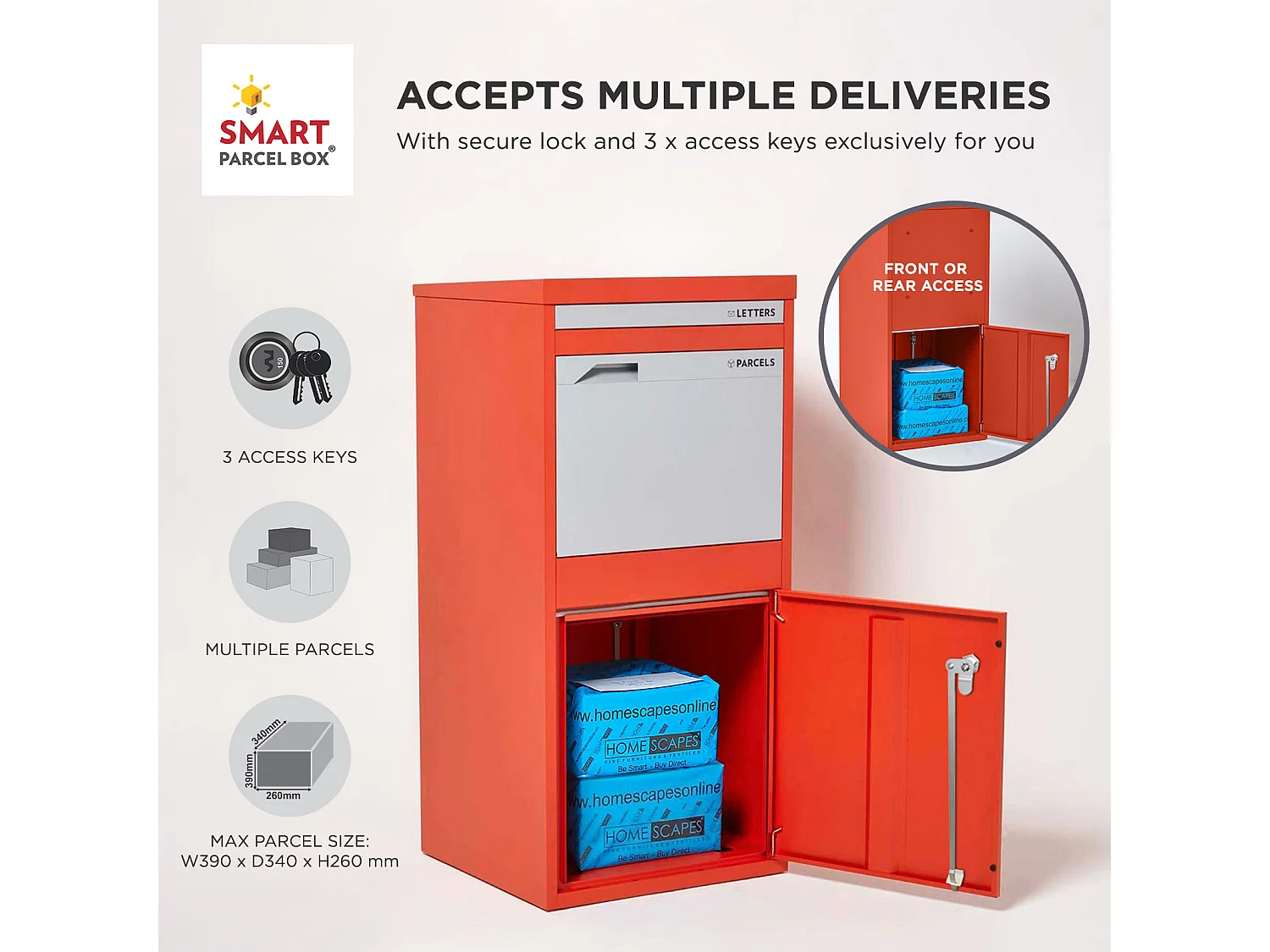 Smart Parcel Box Extra Large Secure Outdoor Delivery Box Galvanised Steel Front and Rear Access Red