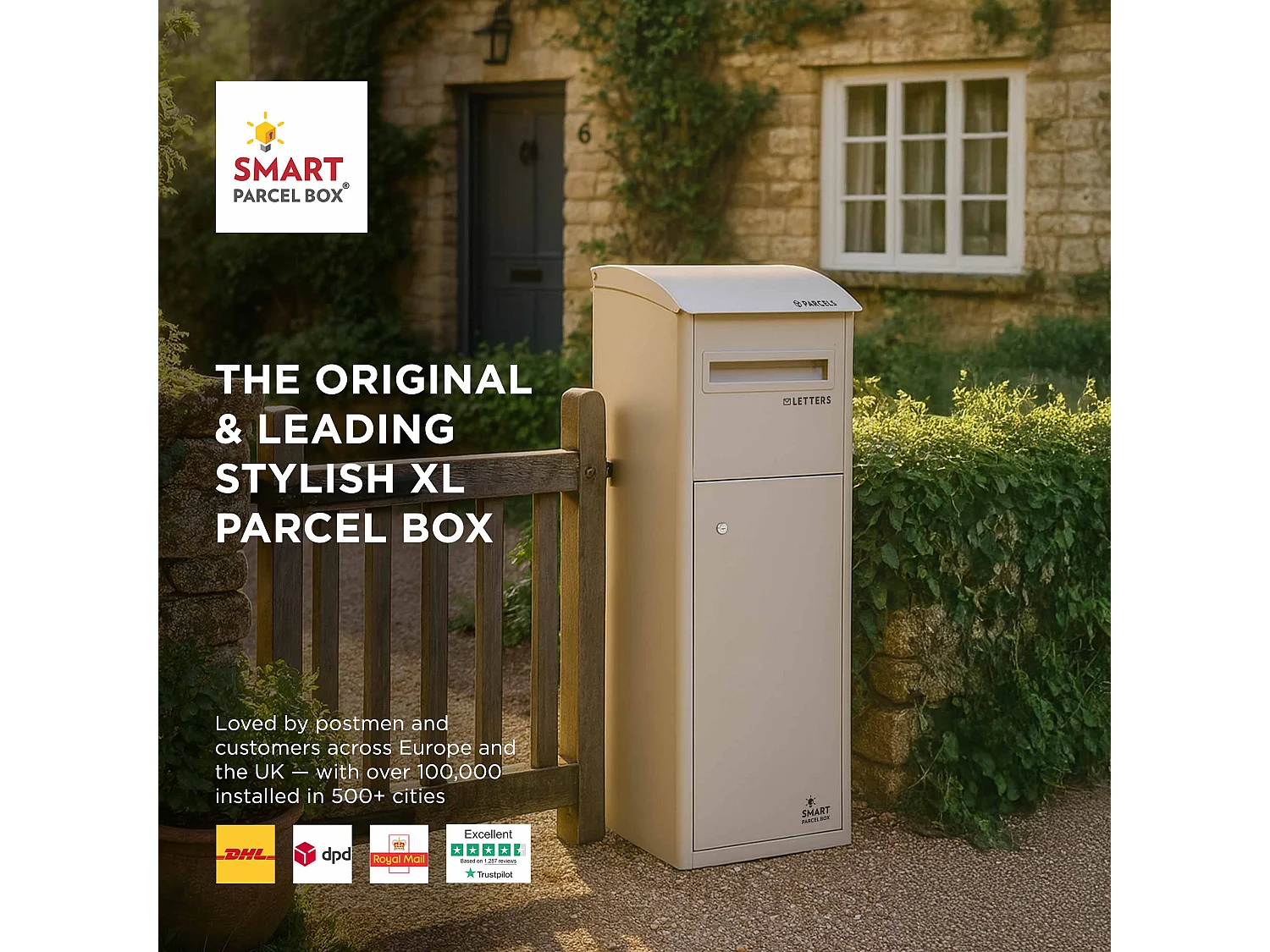 Smart Parcel Box Extra Large Slanted Top Secure Outdoor Delivery Box Galvanised Steel Front Access Stone