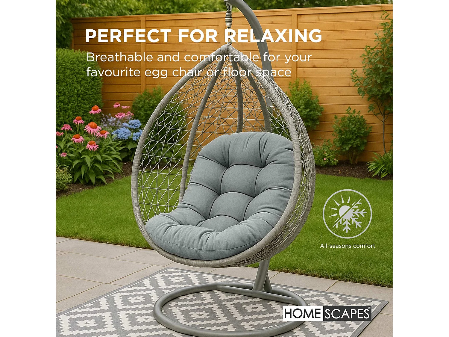 Homescapes 100% Cotton Round Egg Swing Chair Cushion, 80 x 120 cm, Grey, Soft Generous Filling, Machine Washable, OEKO-TEX Certified