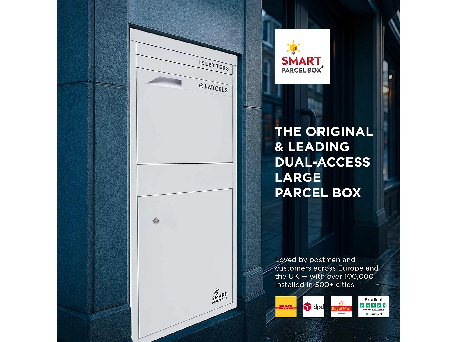 Smart Parcel Box Large Secure Outdoor Delivery Box Galvanised Steel Front and Rear Access White