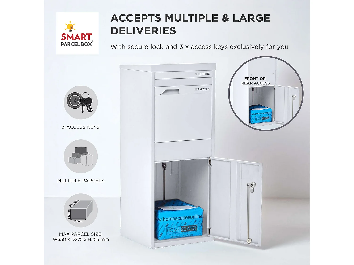Smart Parcel Box Large Secure Outdoor Delivery Box Galvanised Steel Front and Rear Access White