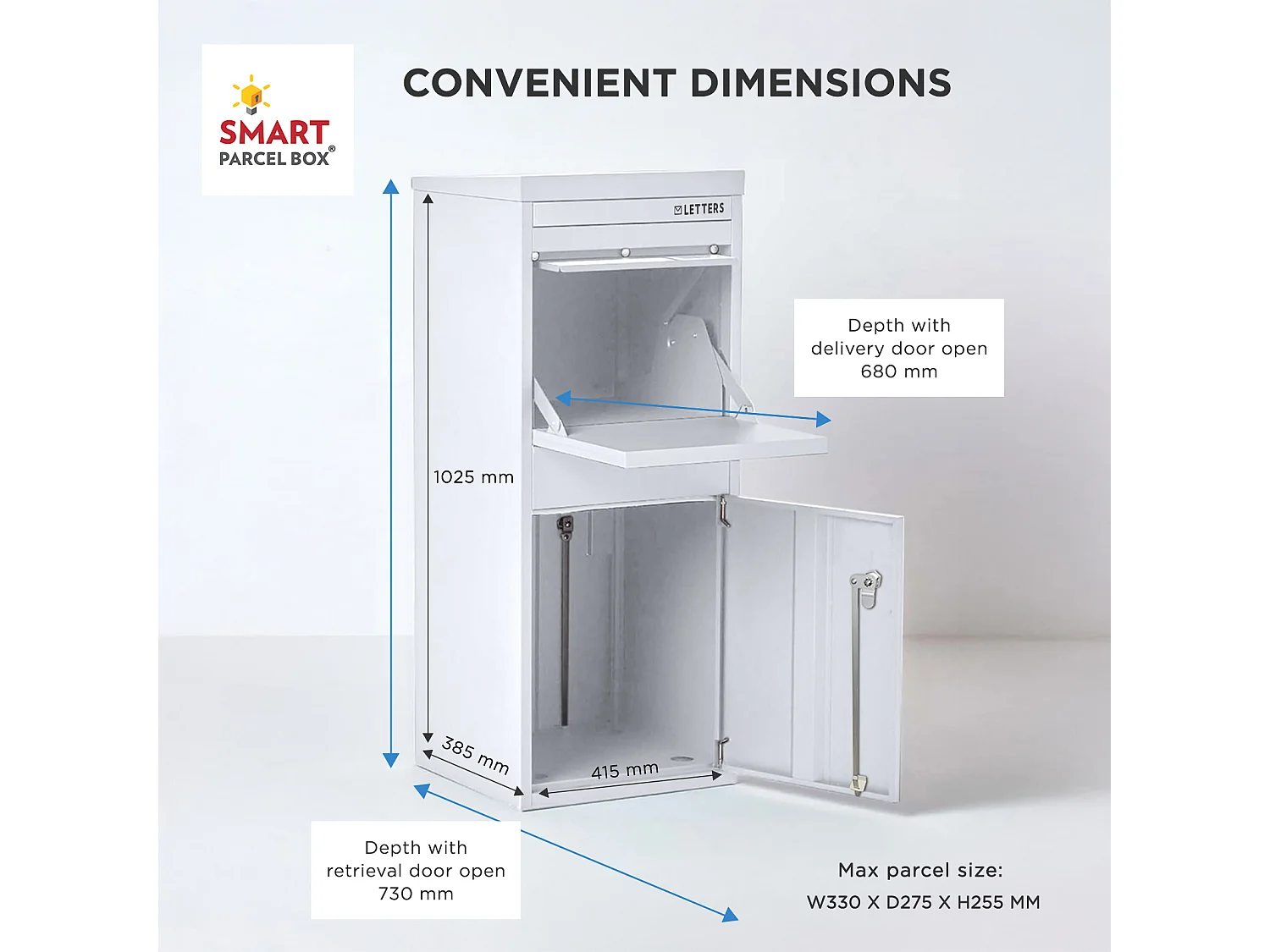 Smart Parcel Box Large Secure Outdoor Delivery Box Galvanised Steel Front and Rear Access White
