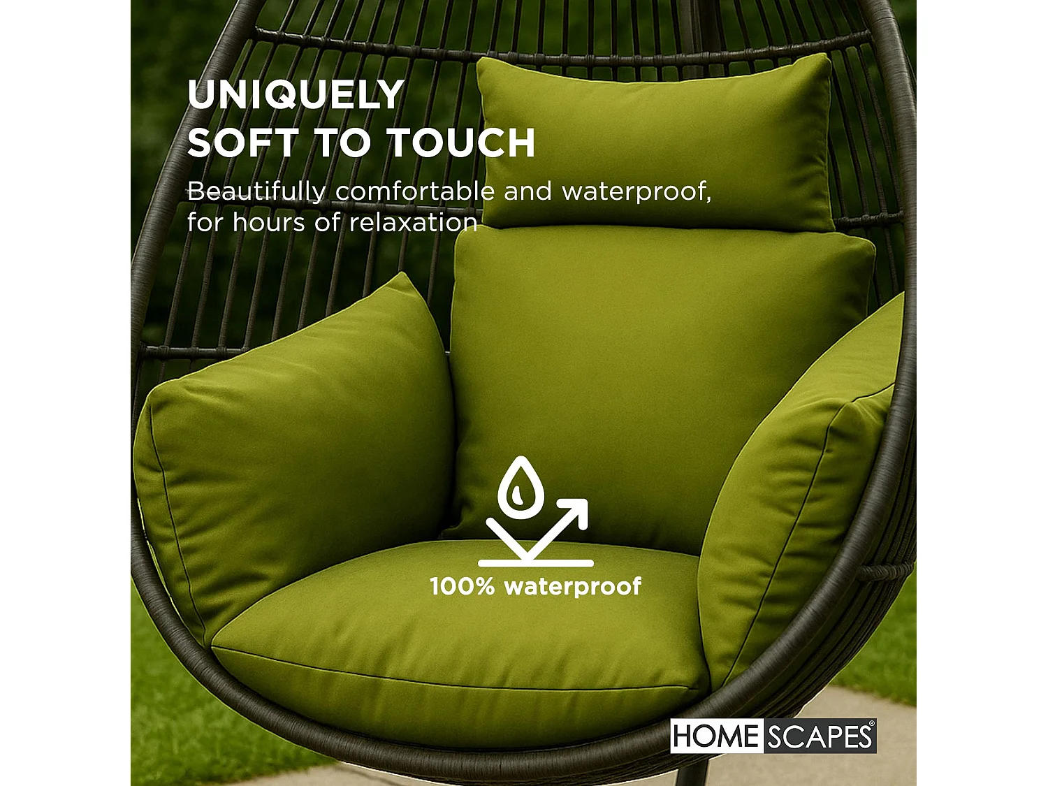 Homescapes Luxury Waterproof Egg Chair Cushion, 110 x 112 cm, Detachable Headrest, Supportive Generous Filling, Green Egg Chair Replacement Cushion
