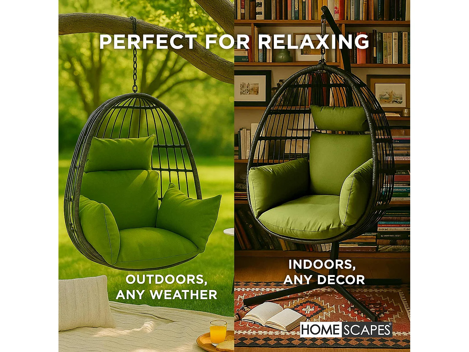 Homescapes Luxury Waterproof Egg Chair Cushion, 110 x 112 cm, Detachable Headrest, Supportive Generous Filling, Green Egg Chair Replacement Cushion