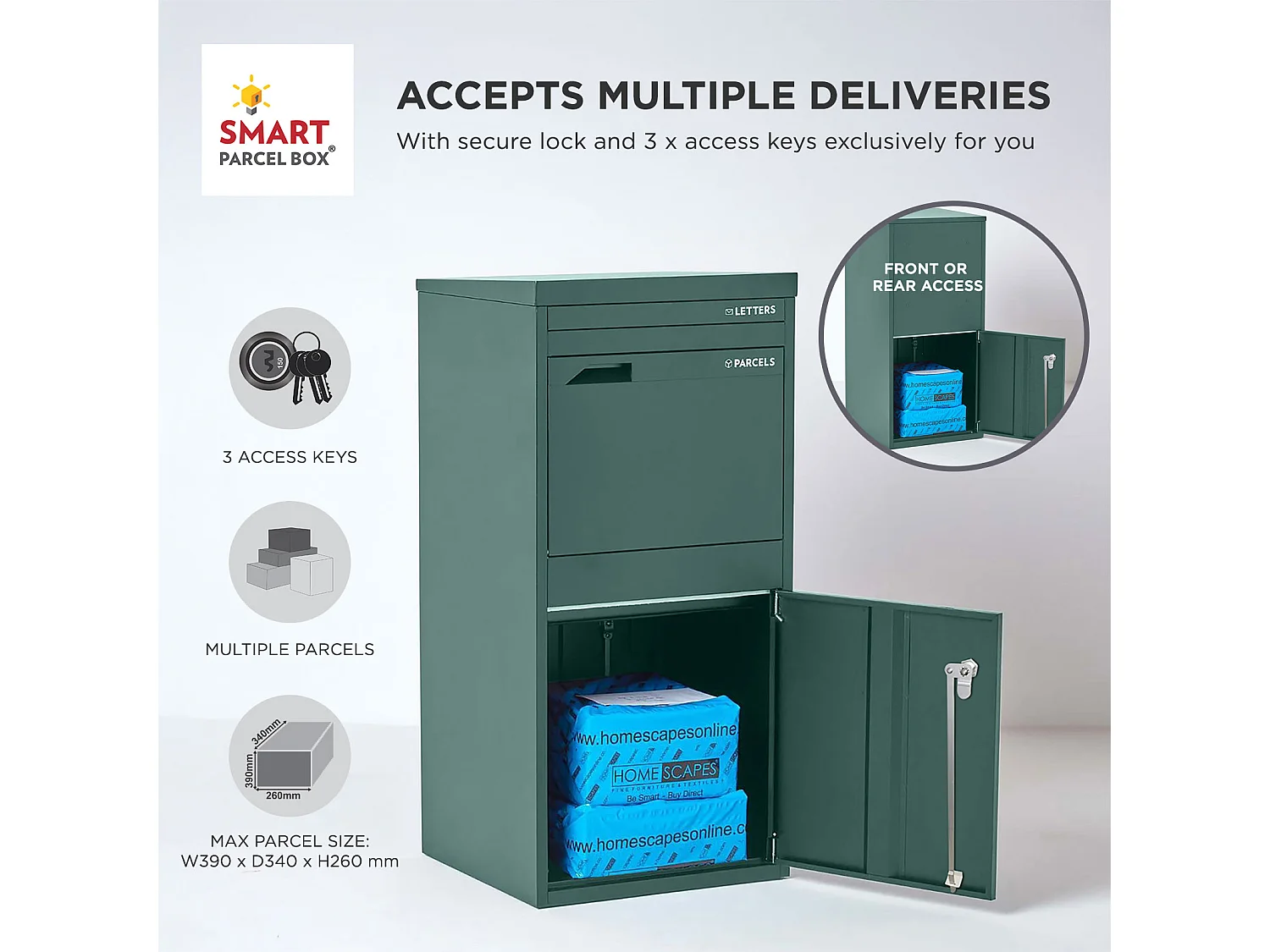Smart Parcel Box Extra Large Secure Outdoor Delivery Box Galvanised Steel Front and Rear Access Green