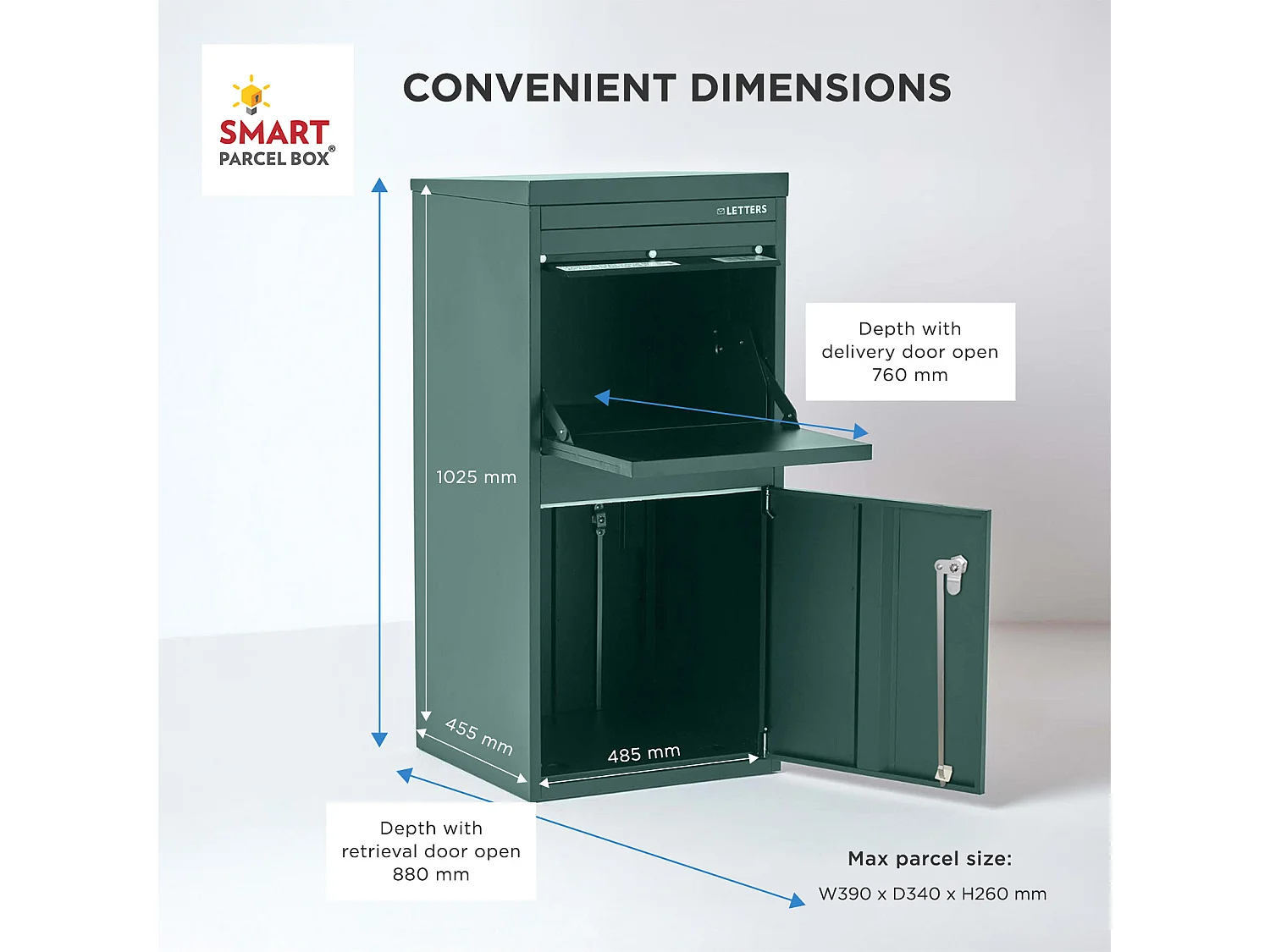 Smart Parcel Box Extra Large Secure Outdoor Delivery Box Galvanised Steel Front and Rear Access Green