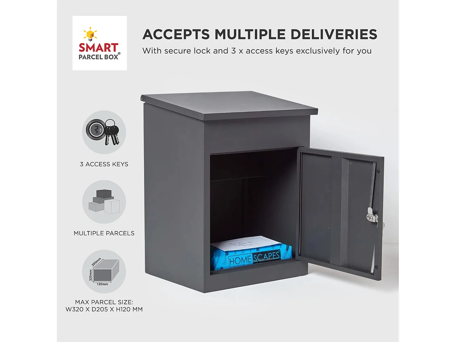 Smart Parcel Box Medium Secure Outdoor Delivery Box Galvanised Steel Front Access Dark Grey