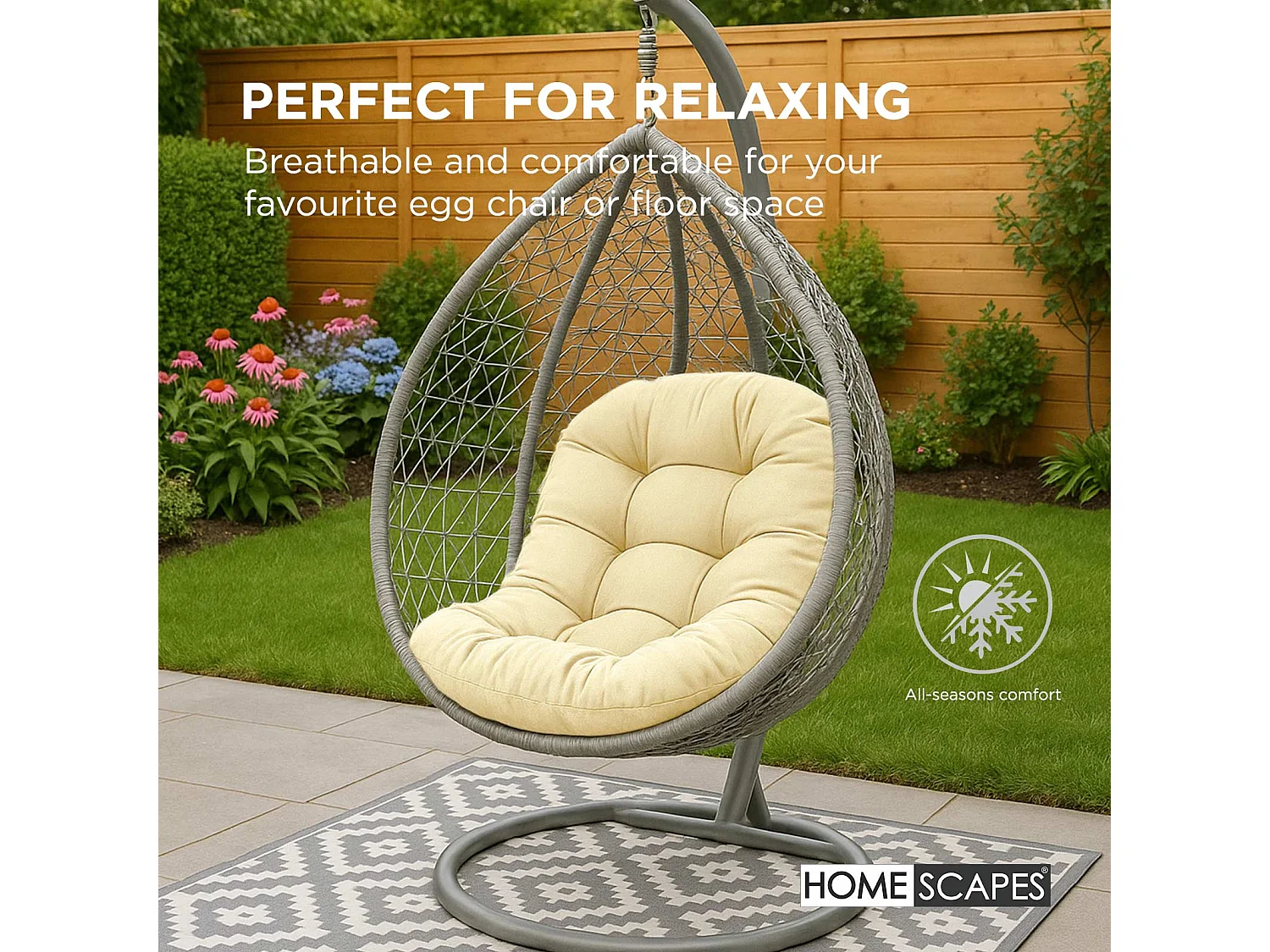 Homescapes 100% Cotton Round Egg Swing Chair Cushion, 80 x 120 cm, Cream, Soft Generous Filling, Machine Washable, OEKO-TEX Certified
