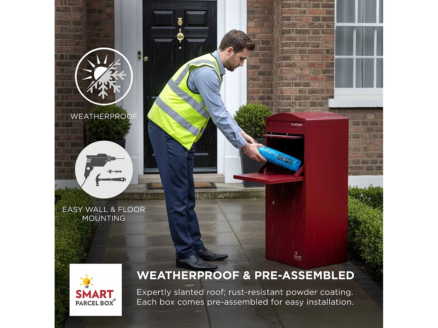 Smart Parcel Box Large Curved Top Secure Outdoor Delivery Box Galvanised Steel Front Access Dark Red