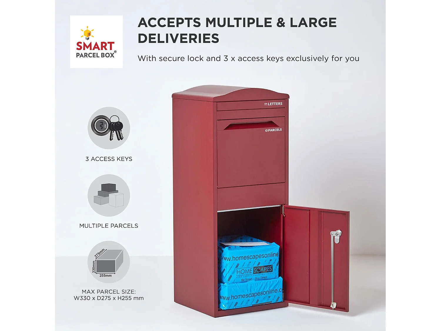 Smart Parcel Box Large Curved Top Secure Outdoor Delivery Box Galvanised Steel Front Access Dark Red