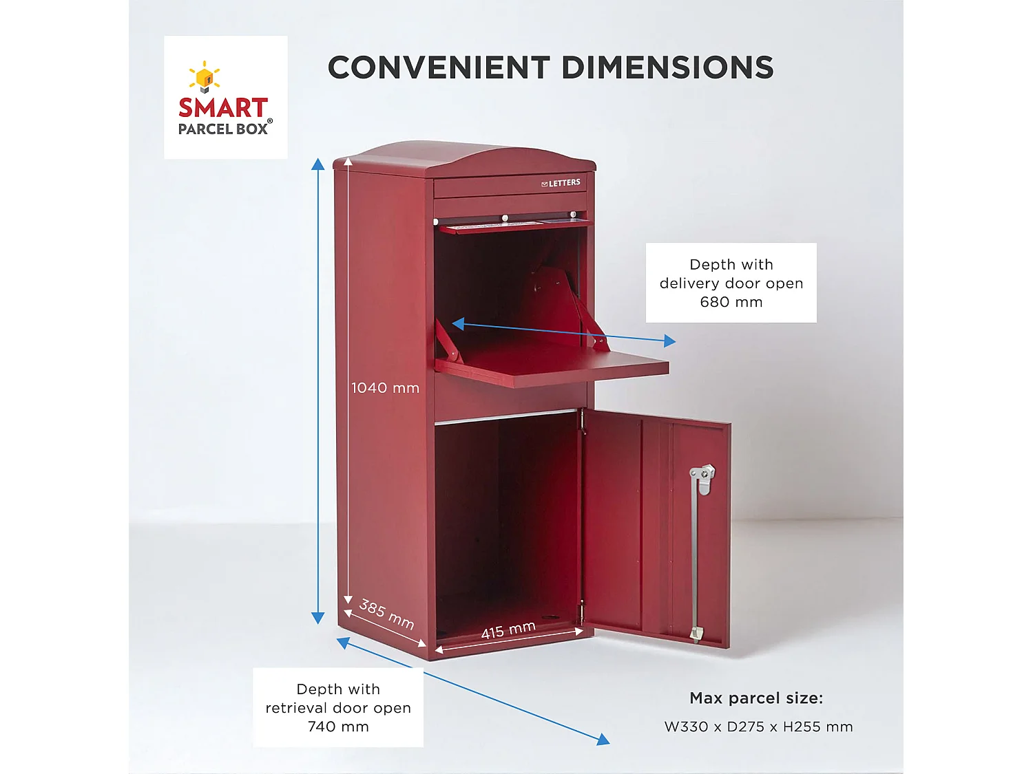 Smart Parcel Box Large Curved Top Secure Outdoor Delivery Box Galvanised Steel Front Access Dark Red