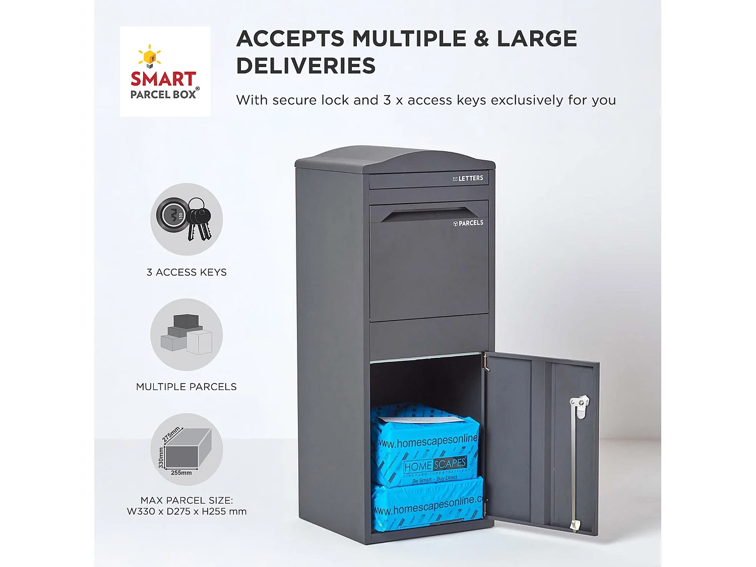 Smart Parcel Box Large Curved Top Secure Outdoor Delivery Box Galvanised Steel Front Access Dark Grey