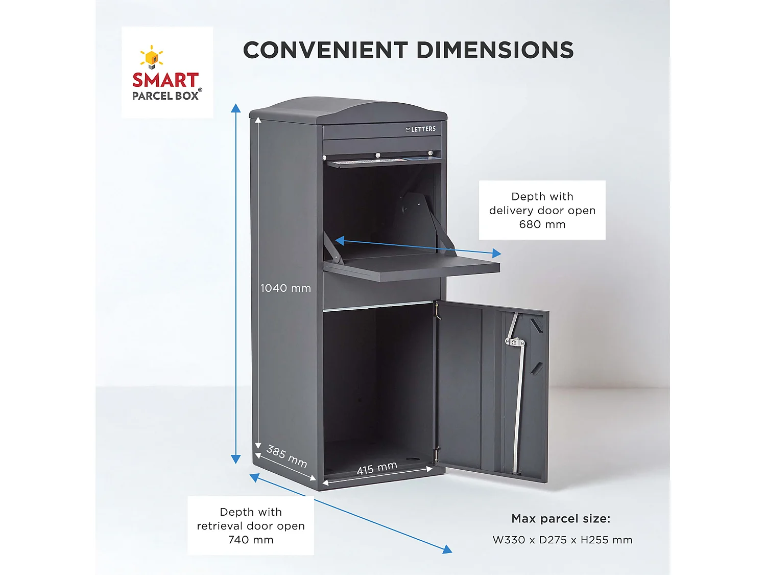 Smart Parcel Box Large Curved Top Secure Outdoor Delivery Box Galvanised Steel Front Access Dark Grey