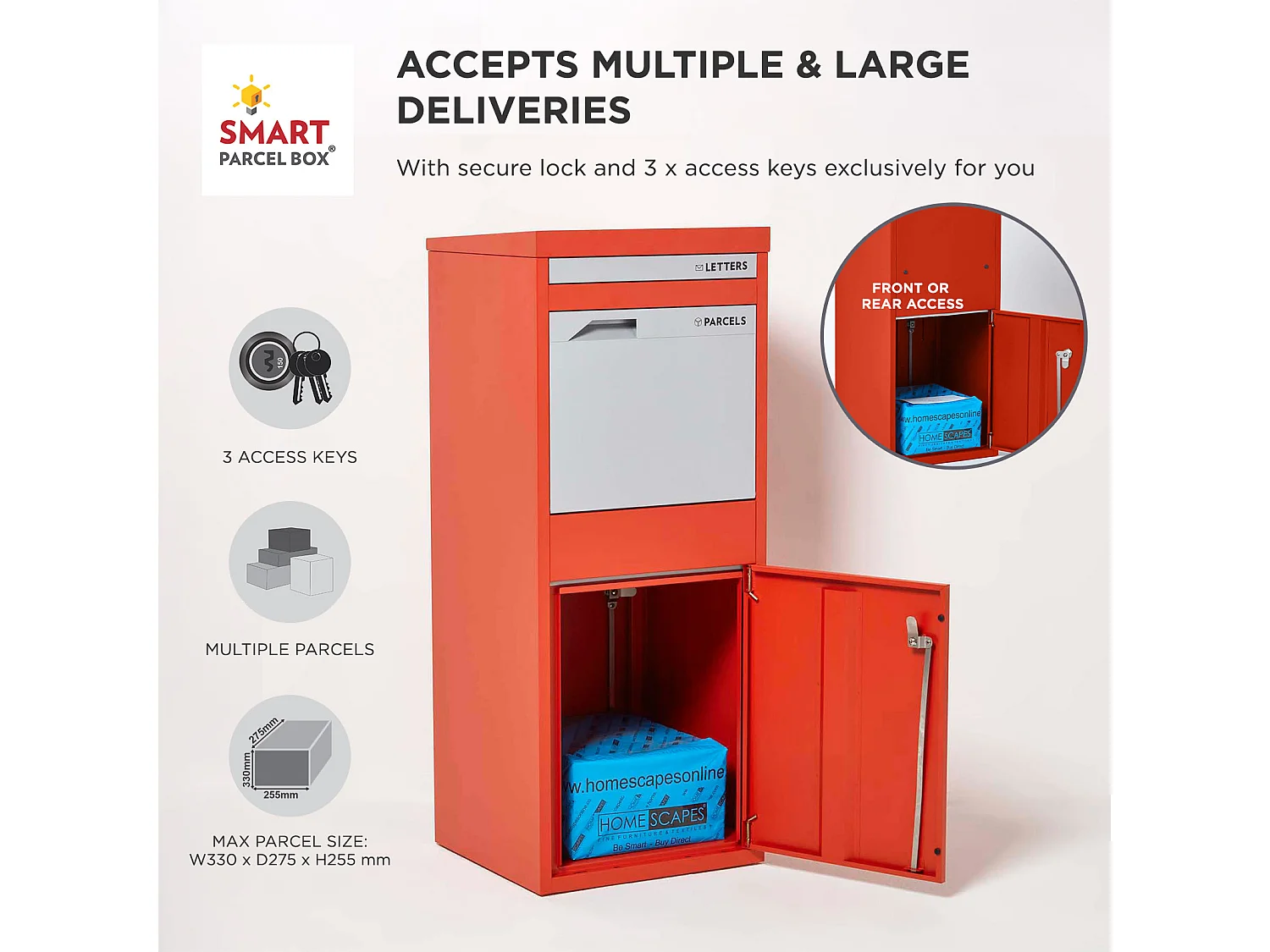 Smart Parcel Box Large Secure Outdoor Delivery Box Galvanised Steel Front and Rear Access Red