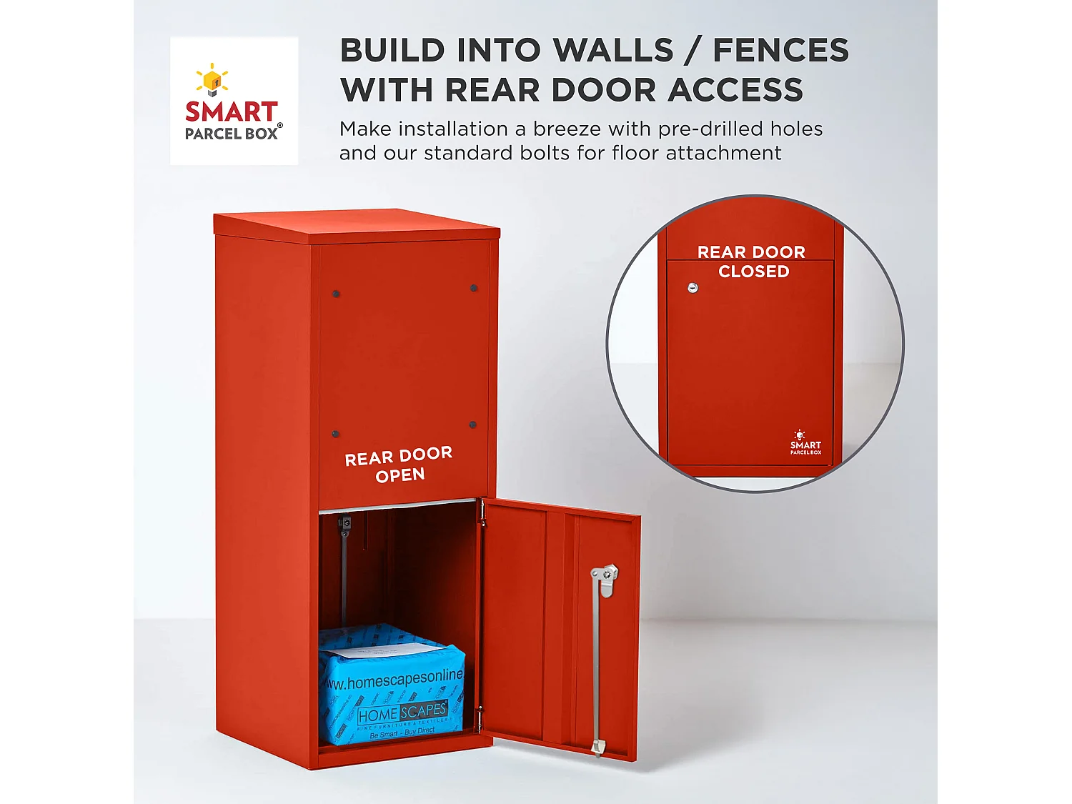 Smart Parcel Box Large Secure Outdoor Delivery Box Galvanised Steel Front and Rear Access Red