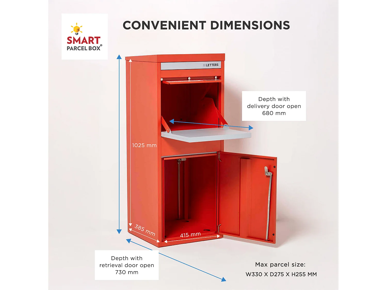 Smart Parcel Box Large Secure Outdoor Delivery Box Galvanised Steel Front and Rear Access Red
