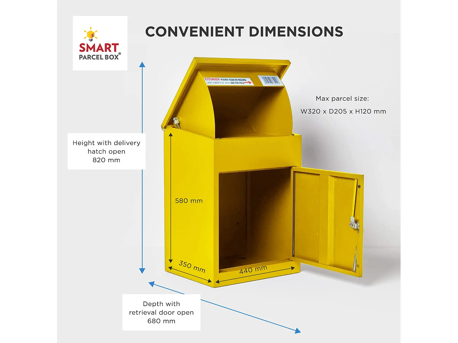 Smart Parcel Box Medium Secure Outdoor Delivery Box Galvanised Steel Front Access Yellow