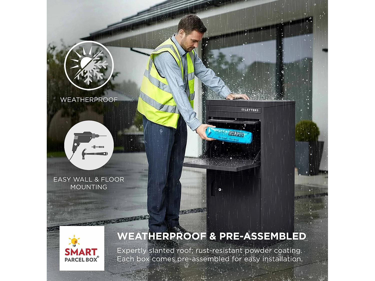 Smart Parcel Box Extra Large Secure Outdoor Delivery Box Galvanised Steel Front and Rear Access Black