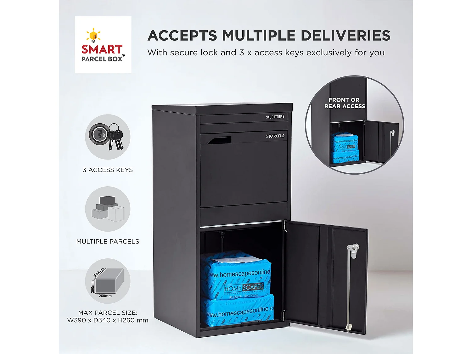 Smart Parcel Box Extra Large Secure Outdoor Delivery Box Galvanised Steel Front and Rear Access Black