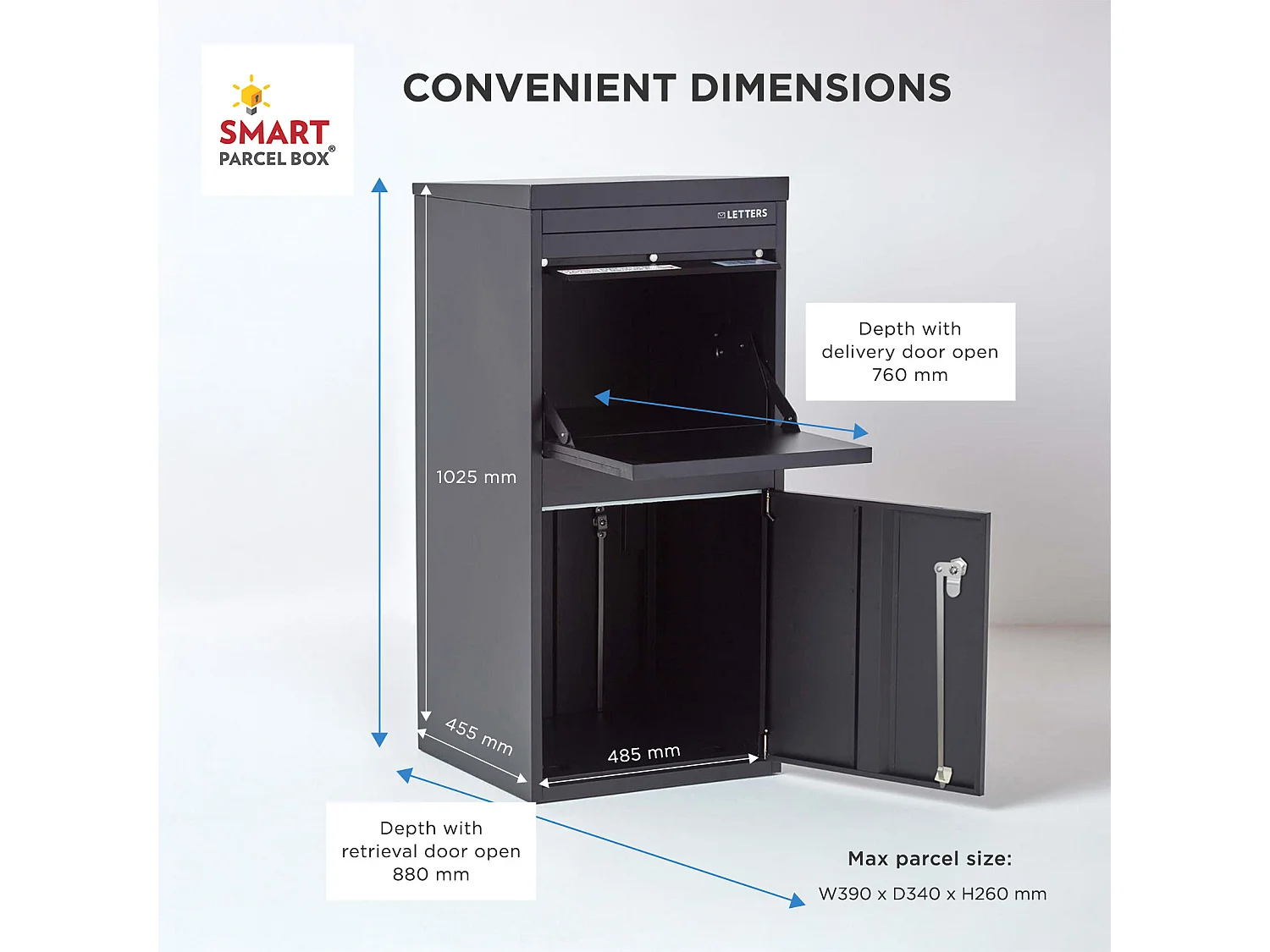 Smart Parcel Box Extra Large Secure Outdoor Delivery Box Galvanised Steel Front and Rear Access Black
