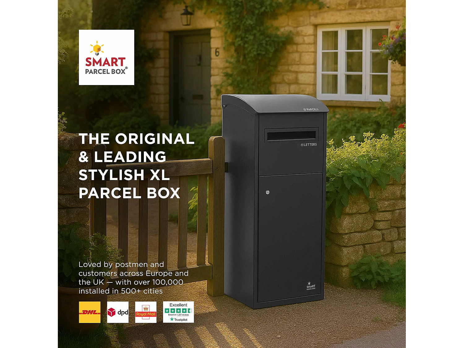 Smart Parcel Box Extra Large Slanted Top Secure Outdoor Delivery Box Galvanised Steel Front Access Black