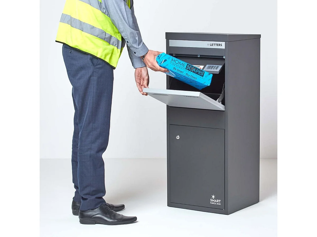 Smart Parcel Box Large Secure Outdoor Delivery Box Galvanised Steel Front and Rear Access Dark Grey