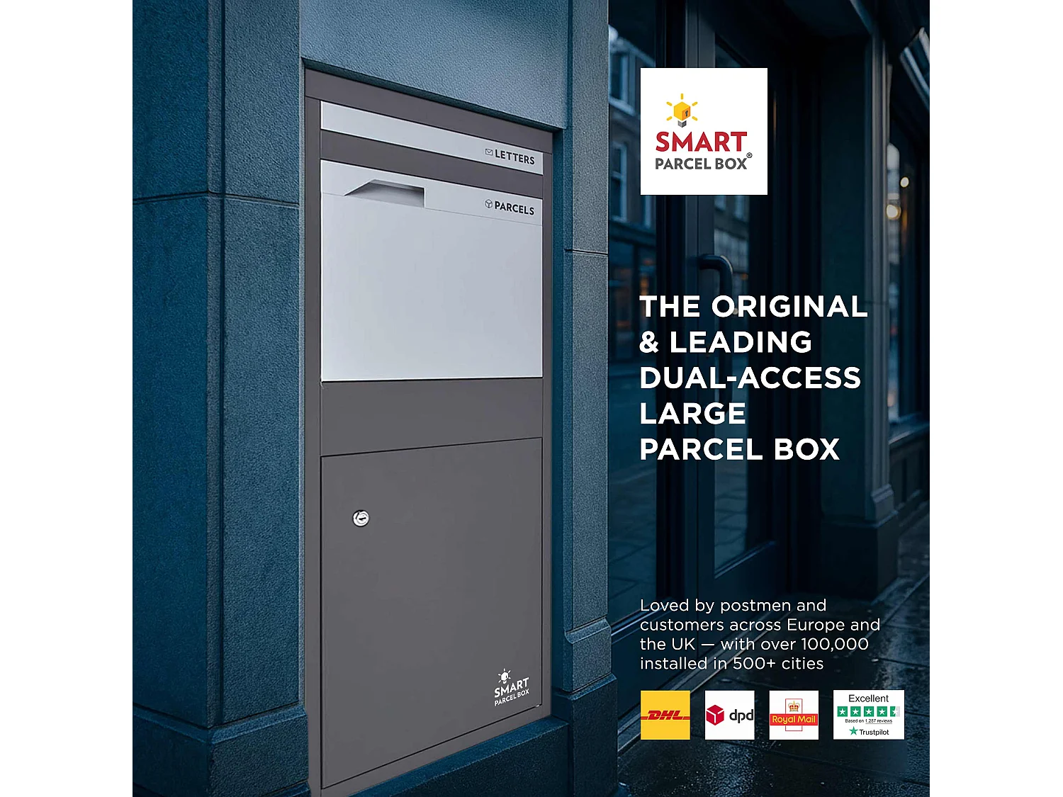 Smart Parcel Box Large Secure Outdoor Delivery Box Galvanised Steel Front and Rear Access Dark Grey