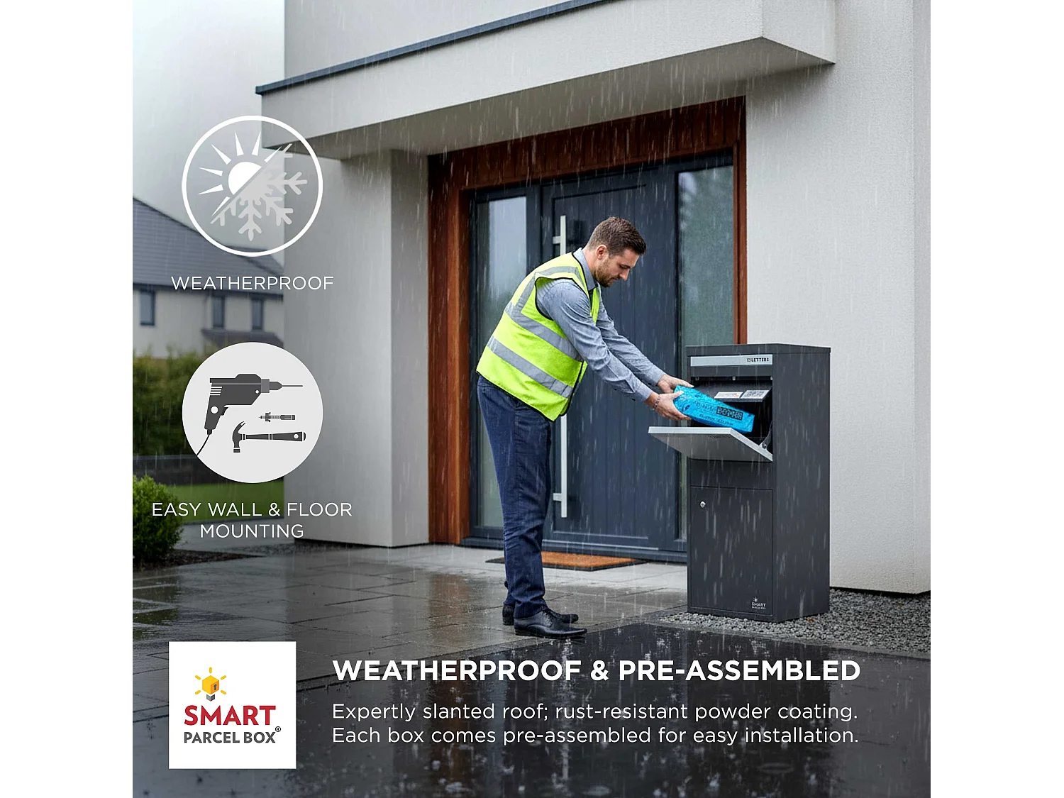 Smart Parcel Box Large Secure Outdoor Delivery Box Galvanised Steel Front and Rear Access Dark Grey