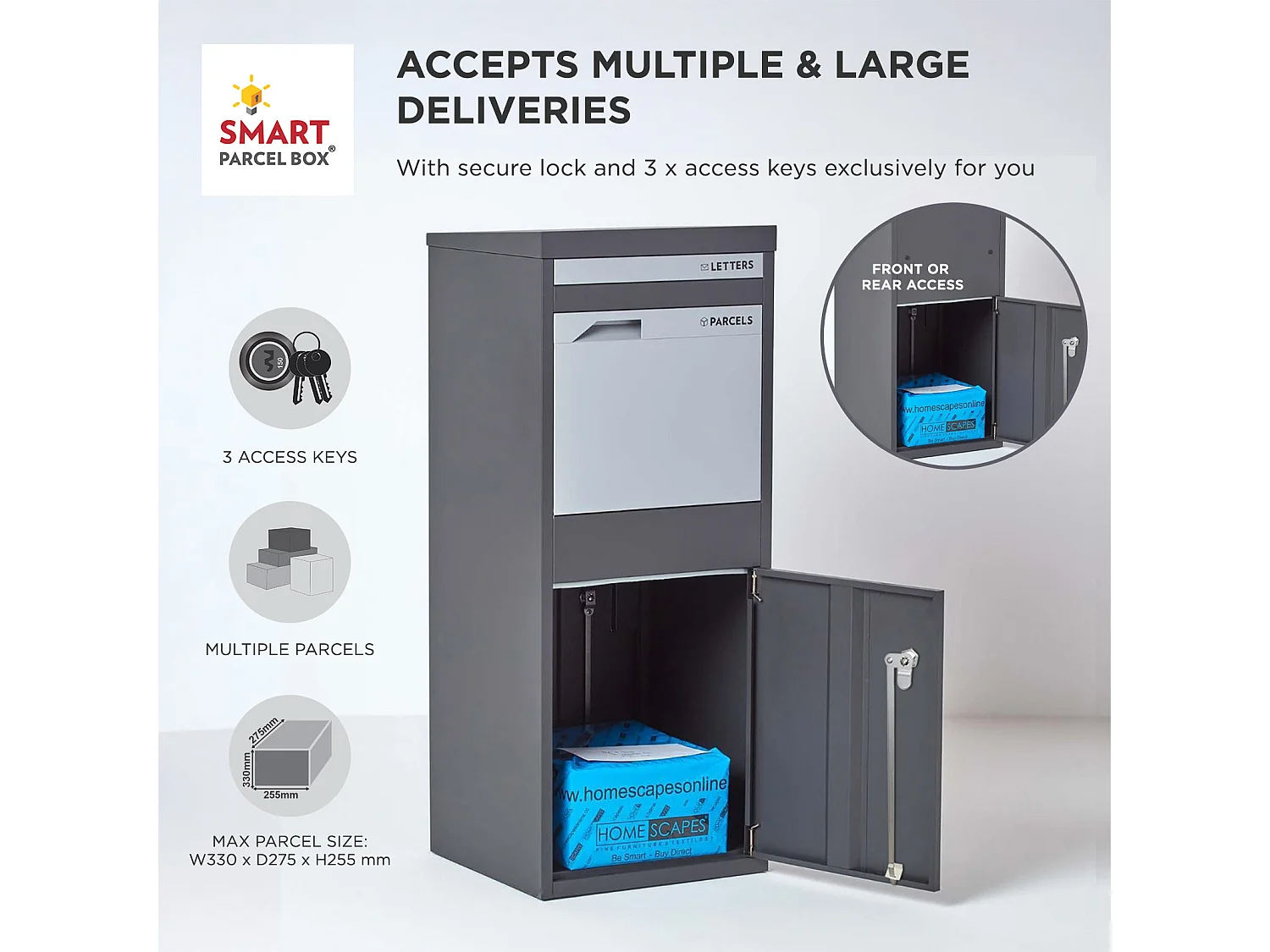 Smart Parcel Box Large Secure Outdoor Delivery Box Galvanised Steel Front and Rear Access Dark Grey