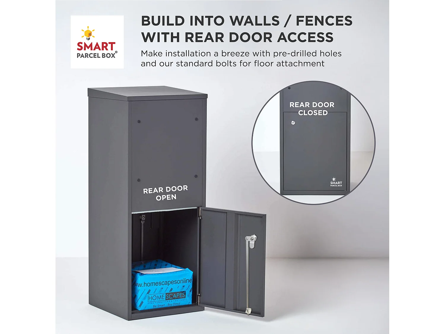 Smart Parcel Box Large Secure Outdoor Delivery Box Galvanised Steel Front and Rear Access Dark Grey