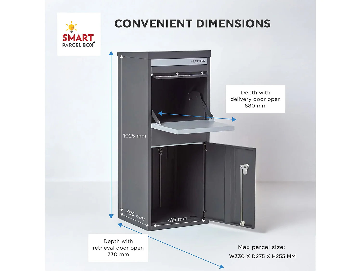 Smart Parcel Box Large Secure Outdoor Delivery Box Galvanised Steel Front and Rear Access Dark Grey