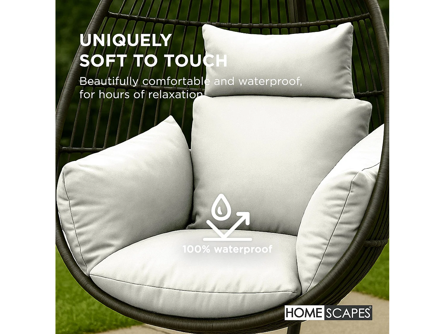 Homescapes Luxury Waterproof Egg Chair Cushion, 110 x 112 cm, Detachable Headrest, Supportive Generous Filling, Natural Egg Chair Replacement Cushion