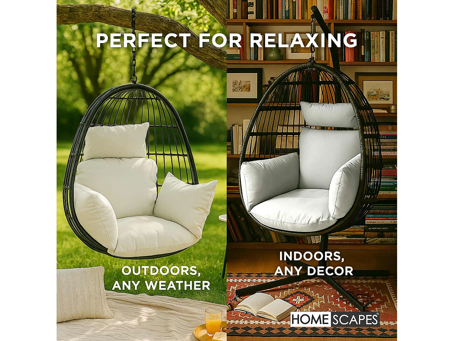Homescapes Luxury Waterproof Egg Chair Cushion, 110 x 112 cm, Detachable Headrest, Supportive Generous Filling, Natural Egg Chair Replacement Cushion