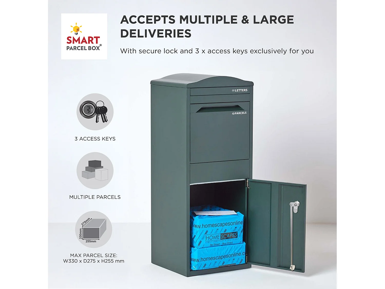 Smart Parcel Box Large Curved Top Secure Outdoor Delivery Box Galvanised Steel Front Access Green