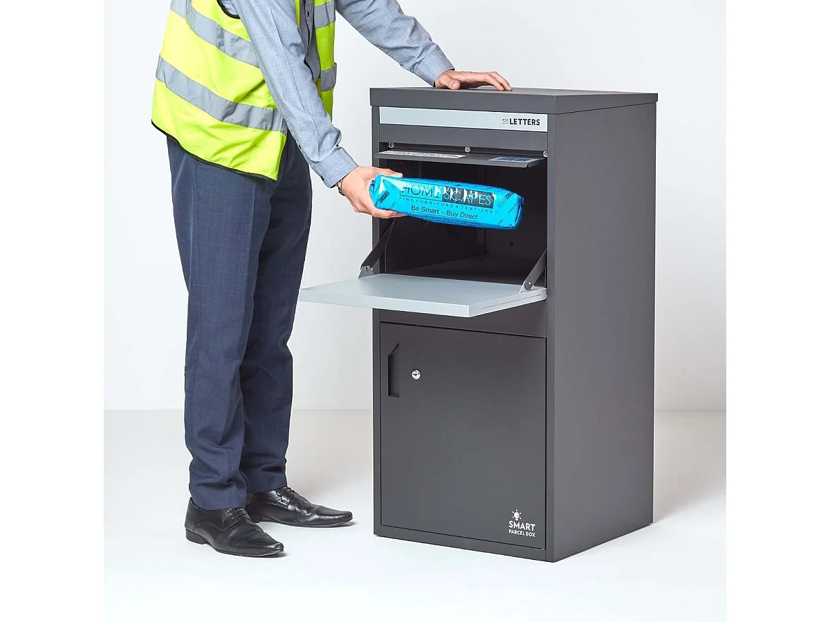 Smart Parcel Box Extra Large Secure Outdoor Delivery Box Galvanised Steel Front and Rear Access Dark Grey