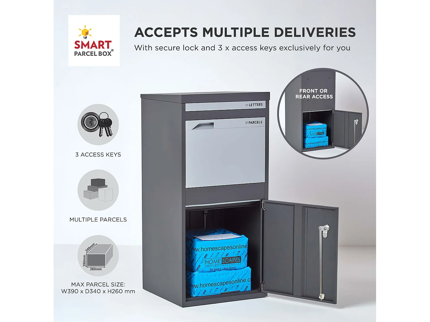 Smart Parcel Box Extra Large Secure Outdoor Delivery Box Galvanised Steel Front and Rear Access Dark Grey