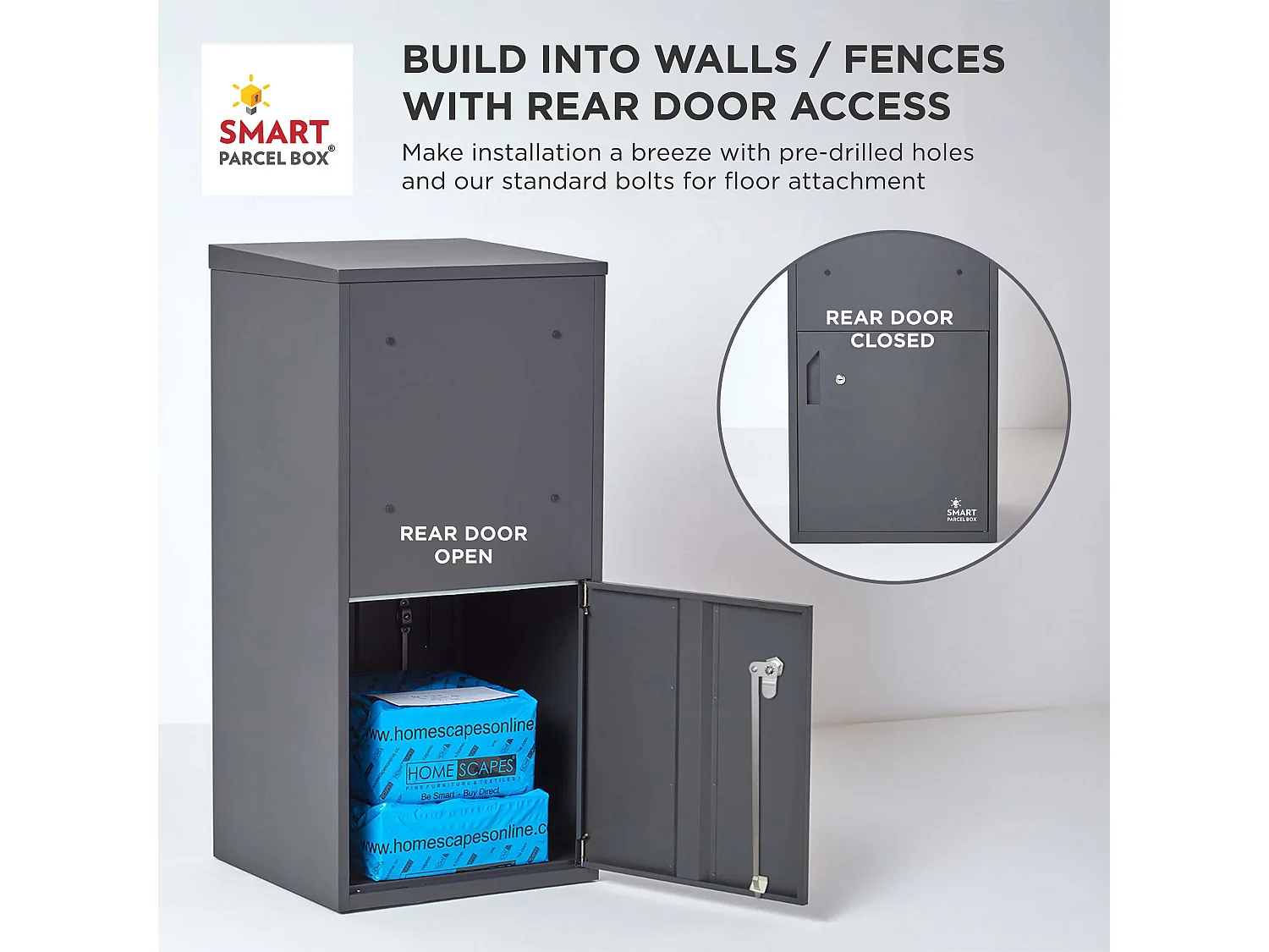 Smart Parcel Box Extra Large Secure Outdoor Delivery Box Galvanised Steel Front and Rear Access Dark Grey