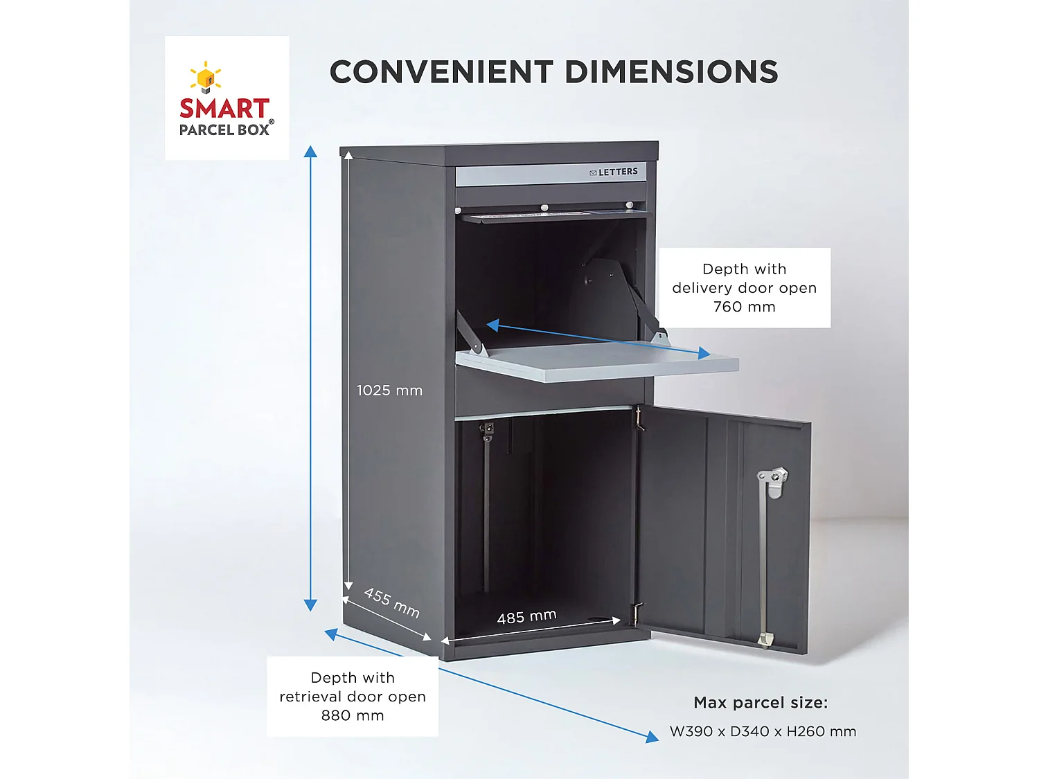 Smart Parcel Box Extra Large Secure Outdoor Delivery Box Galvanised Steel Front and Rear Access Dark Grey